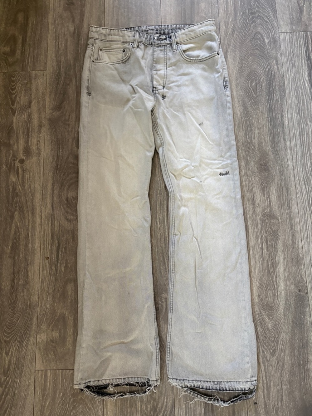 Ksubi Light Gray Denim Patch Pocket Jeans with Black Graphic Tag